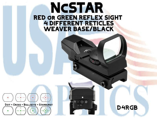 NcSTAR, D4RGB, RED or GREEN REFLEX SIGHT / 4 DIFFERENT RETICLES/WEAVER BASE/BLACK