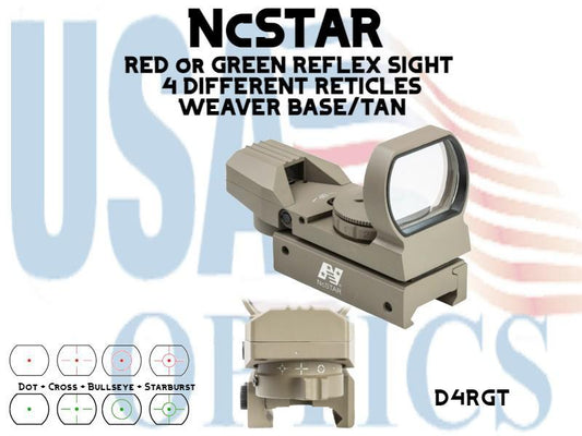 NcSTAR, D4RGT, RED or GREEN REFLEX SIGHT / 4 DIFFERENT RETICLES/WEAVER BASE/TAN