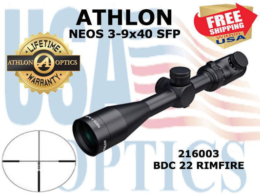 ATHLON, 216003, NEOS 3-9x40, Capped, Fixed Focus, 1 inch, SFP, BDC 22 RimFire