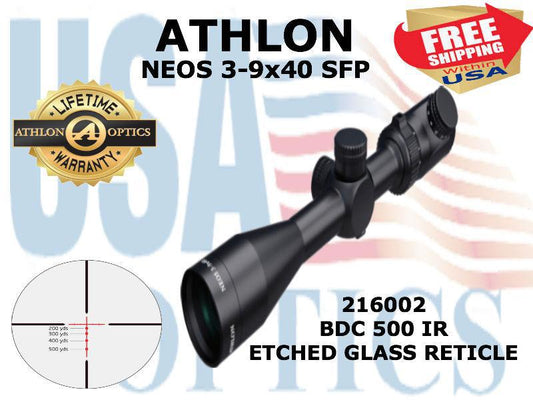ATHLON, 216002, NEOS 3-9x40, Capped, Fixed Focus, 1 inch, SFP, BDC 500 IR