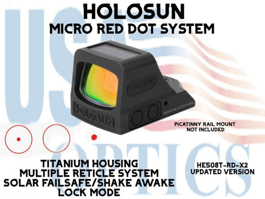 HOLOSUN, HE508T-RD-X2, OPEN REFLEX PISTOL SIGHT - RED (TITANIUM) - BATTERY/SOLAR - (PICATINNY RAIL MOUNT NOT INCLUDED)