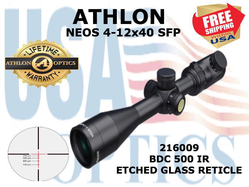 ATHLON, 216009, NEOS 4-12x40, Capped, Side Focus, 1 inch, SFP, BDC  500 IR