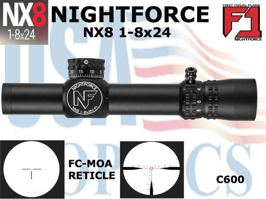 NIGHTFORCE, C600, NX8 - 1-8x24mm F1 - ZeroStop - .5 MOA - Capped Windage - PTL - FC-MOA