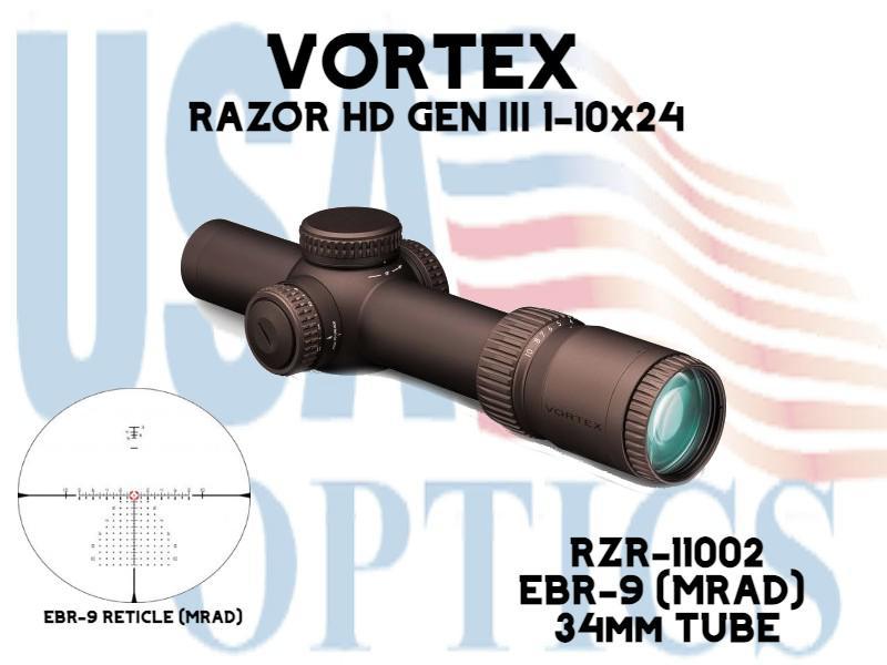 VORTEX, RZR-11002, RAZOR HD GEN III 1-10x24 FFP EBR-9 MRAD RETICLE 34mm