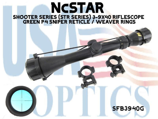 NcSTAR, SFB3940G, SHOOTER SERIES (STR SERIES) 3-9X40 RIFLESCOPE - GREEN P4 SNIPER RETICLE / WEAVER RINGS