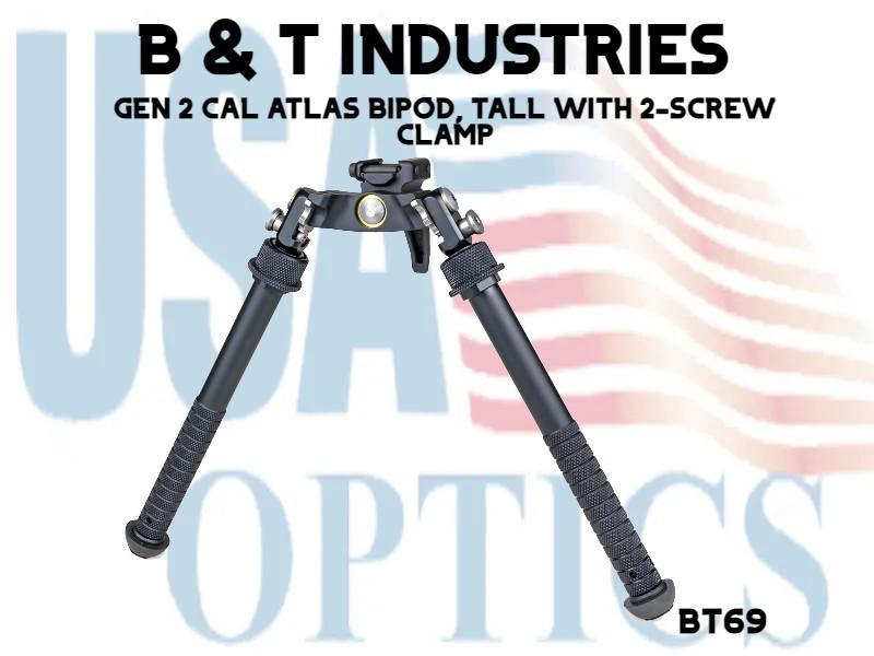 B & T INDUSTRIES, BT69, GEN 2 CAL ATLAS BIPOD, TALL WITH 2-SCREW CLAMP