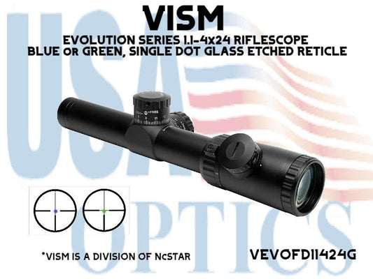 VISM, VEVOFD11424G, EVOLUTION SERIES 1.1-4x24 RIFLESCOPE BLUE or GREEN, SINGLE DOT GLASS ETCHED RETICLE / *LIMITED QUANTITIES AVAILABLE*