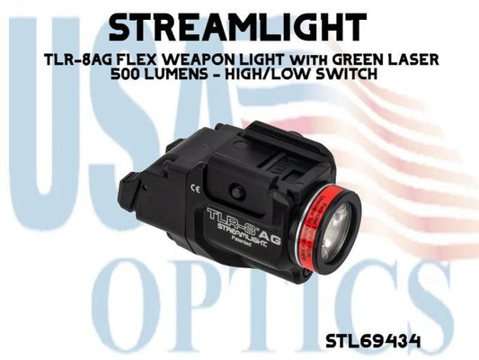 STREAMLIGHT, STL69434, TLR-8AG FLEX WEAPON LIGHT with GREEN LASER - 500 LUMENS - HIGH/LOW SWITCH