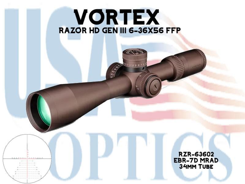 VORTEX, RZR-63602, RAZOR HD GEN III 6-36X56 FFP EBR-7D MRAD 34mm TUBE