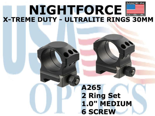 NIGHTFORCE, A265, XTRM - Ring Set - 1.0" Medium - 30mm - Ultralite, 6 screw