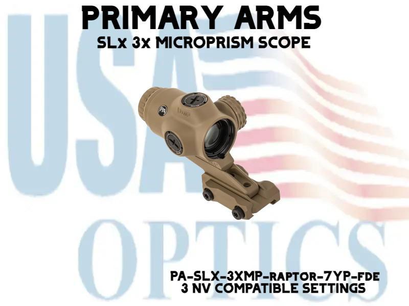 PRIMARY ARMS, PA-SLX-3XMP-RAPTOR-7YP-FDE, SLx 3X MICROPRISM WITH RED ILLUMITED ACSS RAPTOR 7.62x39/300AAC RETICLE - YARD-FDE