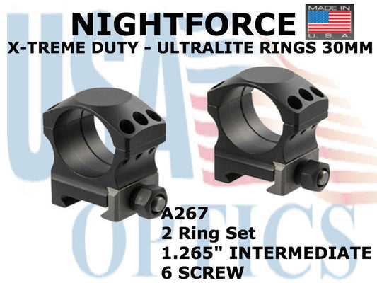 NIGHTFORCE, A267, XTRM DUTY - Ring Set - 1.265" Intermediate - 30mm - Ultralite, 6 screw