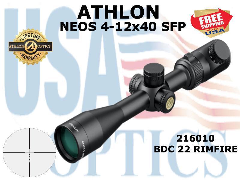 ATHLON, 216010, NEOS 4-12x40, Capped, Side Focus, 1 inch, SFP, 22 RimFire