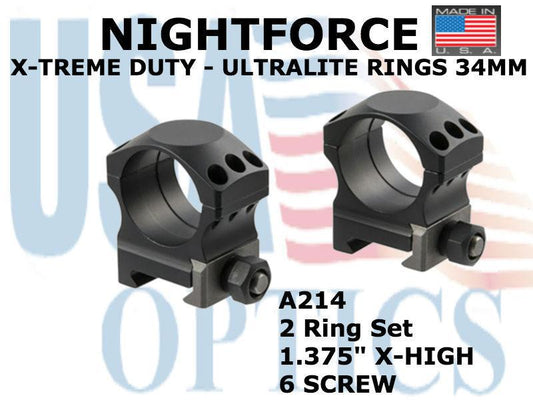 NIGHTFORCE, A214, XTRM DUTY - Ring Set - 1.375" X-High - 34mm - Ultralite, 6 screw