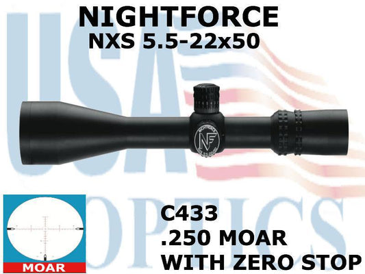 NIGHTFORCE, C433, NXS - 5.5-22x50mm - ZeroStop - .250 MOA - Illuminated - MOAR