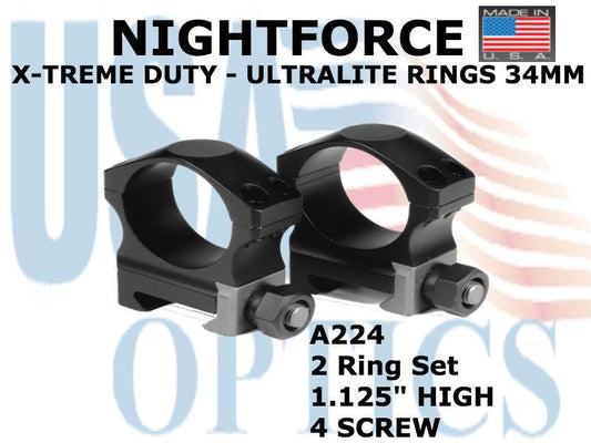 NIGHTFORCE, A224, XTRM DUTY  Ring Set - 1.125" High - 34mm - Ultralite, 4 screw