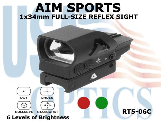 AIM SPORTS, RT5-06C, FULL SIZE RED DOT 4 RETICLE RED/GREEN ILLUM/RUGGED/BUTTONS