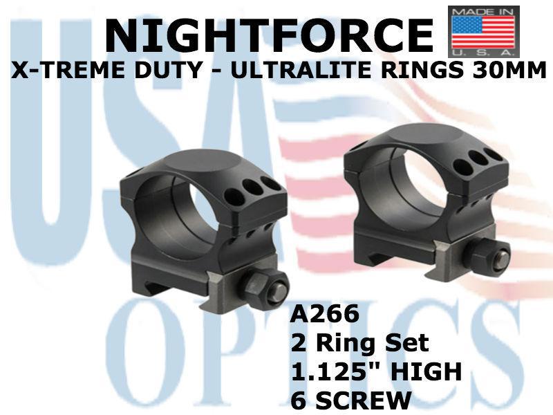 NIGHTFORCE, A266, XTRM DUTY - Ring Set - 1.125" High - 30mm - Ultralite, 6 screw