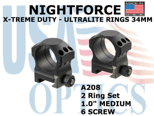 NIGHTFORCE, A208, XTRM DUTY - Ring Set - 1.0" Medium - 34mm - Ultralite, 6 screw