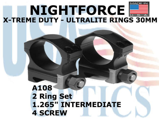 NIGHTFORCE, A108, XTRM - Ring Set - 1.265" Intermediate - 30mm - Ultralite, 4 screw