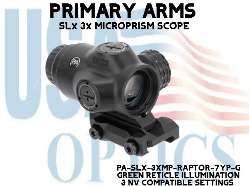 PRIMARY ARMS, PA-SLX-3XMP-RAPTOR-7YP-G, SLx 3x MICROPRISM WITH GREEN ILLUMINATED ACSS RAPTOR 7.62-300BO RETICLE - YARD .