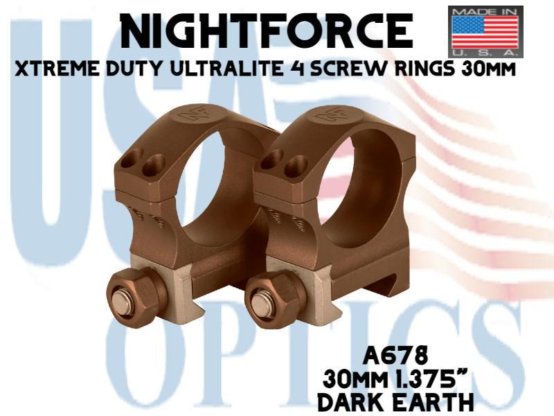 NIGHTFORCE, A678, XTREME DUTY ULTRALITE 4 SCREW RINGS 30mm 1.375" DARK EARTH