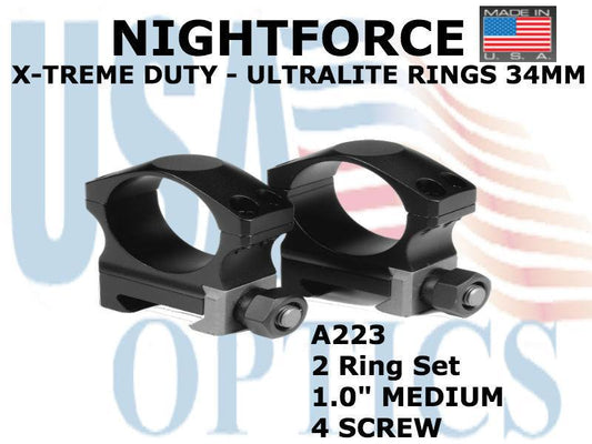 NIGHTFORCE, A223, XTRM DUTY - Ring Set - 1.0" Medium - 34mm - Ultralite, 4 screw