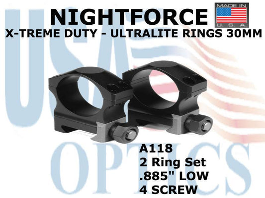NIGHTFORCE, A118, XTRM DUTY - Ring Set - .885" Low - 30mm - Ultralite, 4 screw