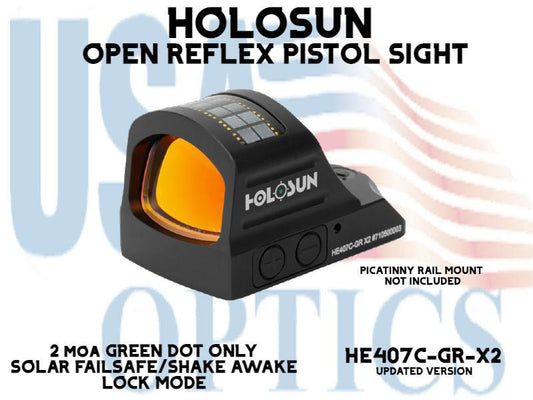 HOLOSUN, HE407C-GR-X2, OPEN REFLEX PISTOL SIGHT - GREEN (DOT ONLY) BATTERY/SOLAR